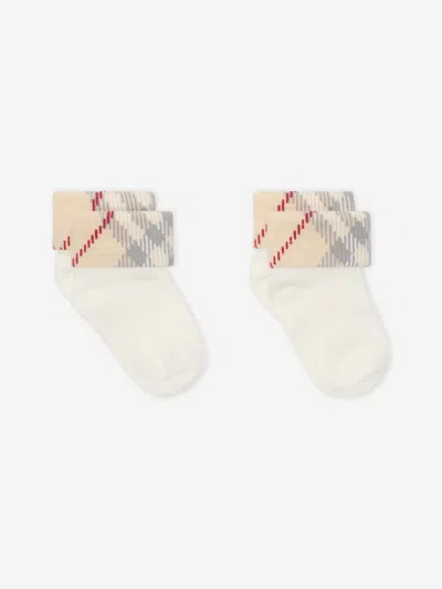 Burberry Baby Check Turn Back Socks Set In White