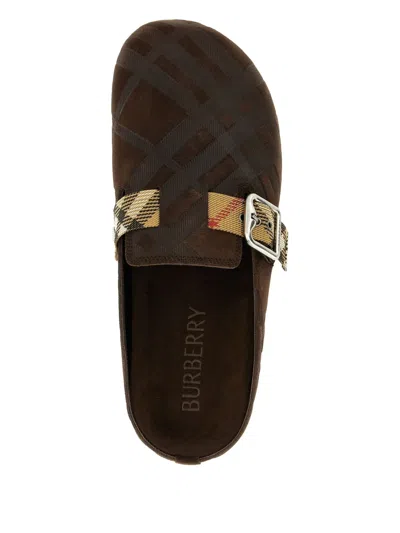Burberry Strap Patterned Round Toe Rubber Sole Slip-on In Brown