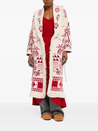 Alanui Palm-tree Pattern Fringe Coat In Red