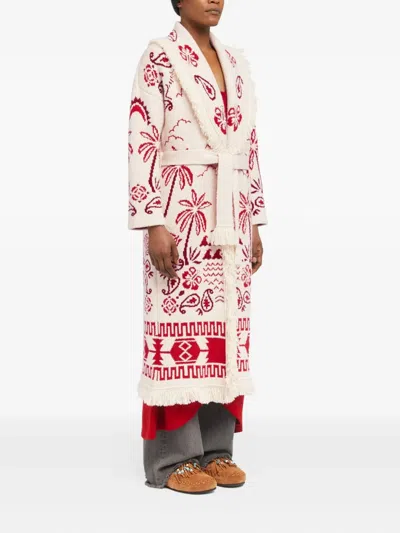 Alanui Palm-tree Pattern Fringe Coat In Red