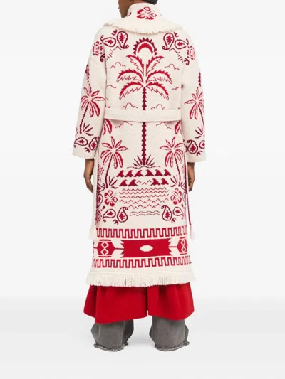 Alanui Palm-tree Pattern Fringe Coat In Red