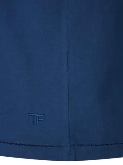 Tom Ford Mens Sea Blue Crewneck Regular-fit Cotton-blend T-shirt