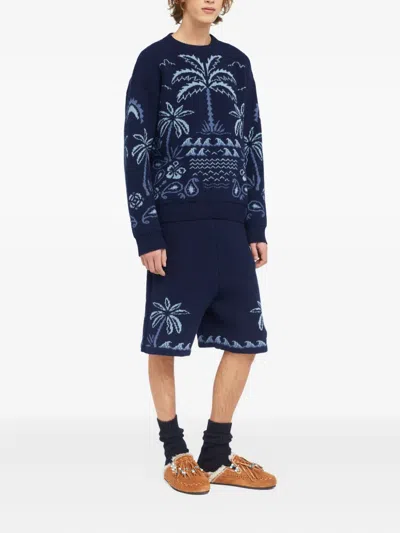 Alanui Glimpse Of Eden Intarsien-pullover Mit Palmen In Blue
