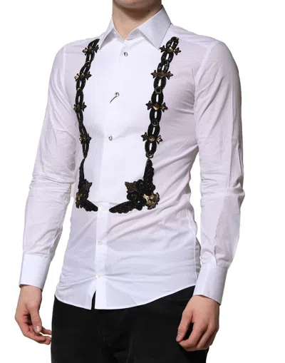 Pre-owned Dolce & Gabbana White Gold Embellished Formal Men Dress Men's Shirt ()