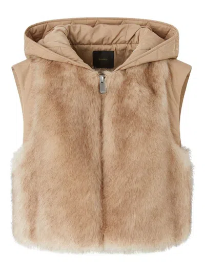 Pinko Padded Faux Fur Gilet With Hood In Neutral