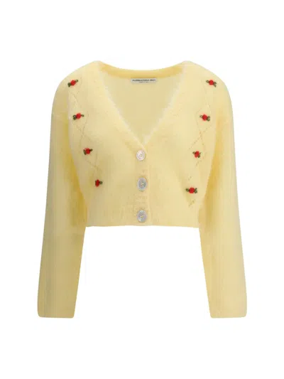 Alessandra Rich Women Mohair Cardigan With Embroidery In Yellow