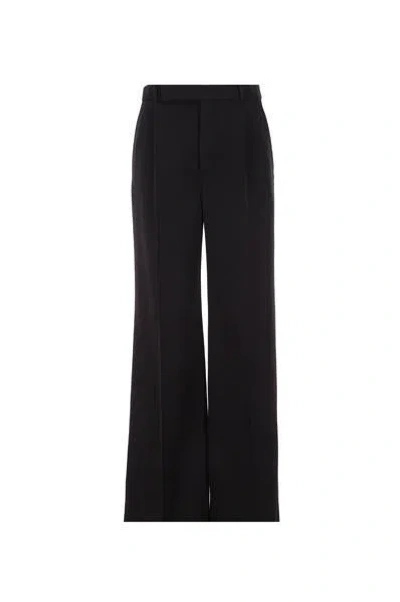 Saint Laurent Satin-trimmed Grain De Poudre Wool Wide-leg Pants In Black