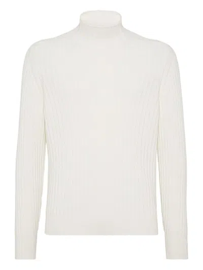 Brunello Cucinelli Cashmere Flat Rib Turtleneck Sweater In White
