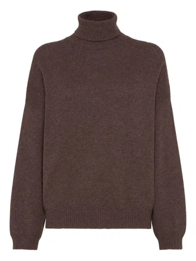 Brunello Cucinelli Ribbed Cashmere Turtleneck Sweater With Long Sleeves In Brown
