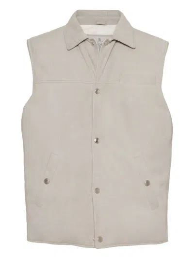 Brunello Cucinelli Leather Vest With Sleeveless Design And Slip Pockets In Neutral