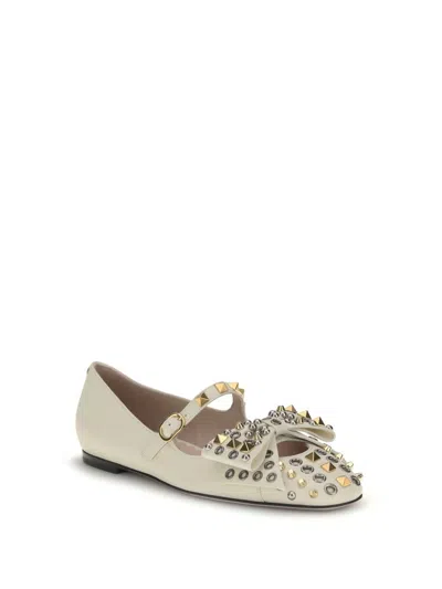 Valentino Mary-jane Bowow Ballerina In Kidskin With Studs In White