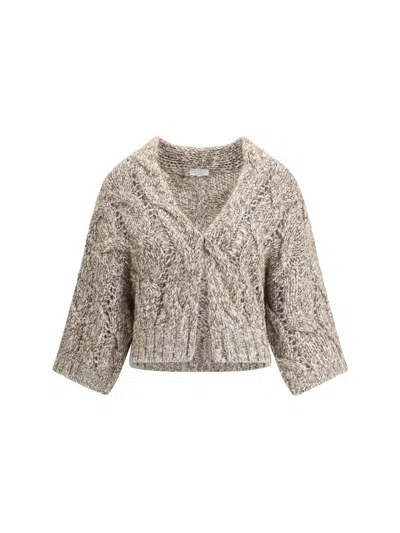 Brunello Cucinelli Chunky Knit Sweater With Deep V-neckline And Cable Design In Neutral