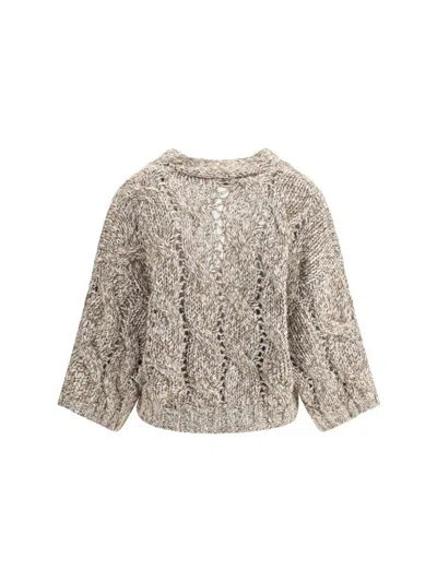 Brunello Cucinelli Chunky Knit Sweater With Deep V-neckline And Cable Design In Neutral