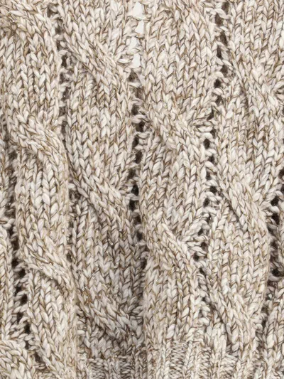 Brunello Cucinelli Chunky Knit Sweater With Deep V-neckline And Cable Design In Neutral