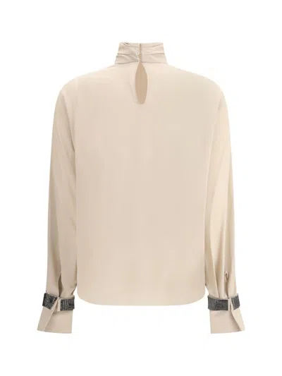 Brunello Cucinelli Women Silk Turtleneck Blouse With Precious Bracelets In Neutral