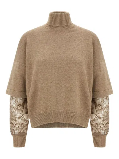 Brunello Cucinelli Turtleneck Sweater With Sequin Sleeve Embellishments In Brown