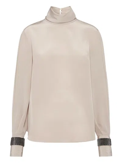 Brunello Cucinelli Embellished Cuffs High Neck Blouse In Sand