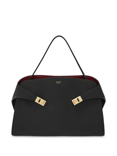 Ferragamo Black Hug Soft Bicolor Shoulder Bag In Black