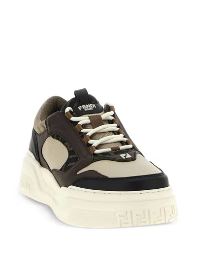 Fendi Force Leather Sneakers With Ff Jacquard And Mesh Details Shoes In Neutral