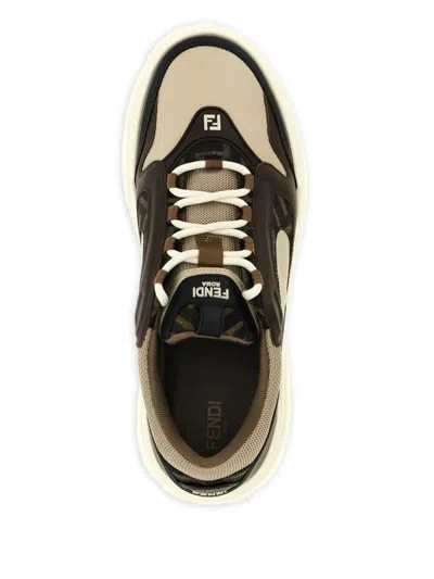 Fendi Force Leather Sneakers With Ff Jacquard And Mesh Details Shoes In Neutral