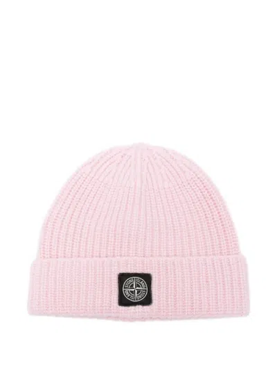 Stone Island Light Wool Knitted Beanie With Compass Patch Accessories In Pink