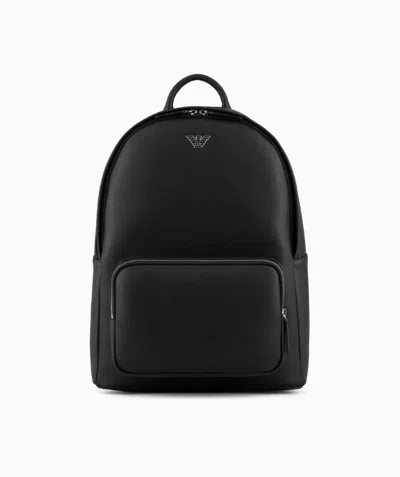 Emporio Armani Asv Regenerated Saffiano Leather Round Backpack With Eagle Plate In Black