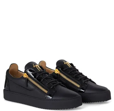 Giuseppe Zanotti Black Leather Sneakers With Patent Accents In Black