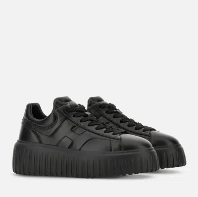 Hogan Minimalist Black Leather Sneakers With Thick Platform Sole In Black