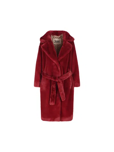 Herno Long Faux Fur Coat With Belted Waist In Red