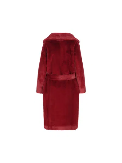 Herno Long Faux Fur Coat With Belted Waist In Red
