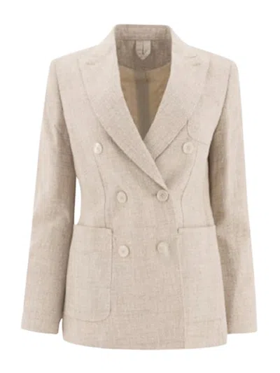 Max Mara Linen Blend Double-breasted Jacket With Chest Pocket In Neutral
