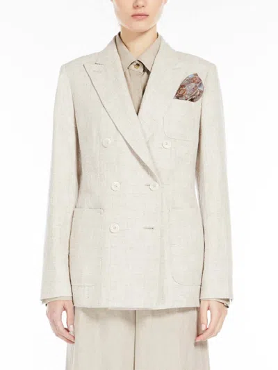 Max Mara Linen Blend Double-breasted Jacket With Chest Pocket In Neutral