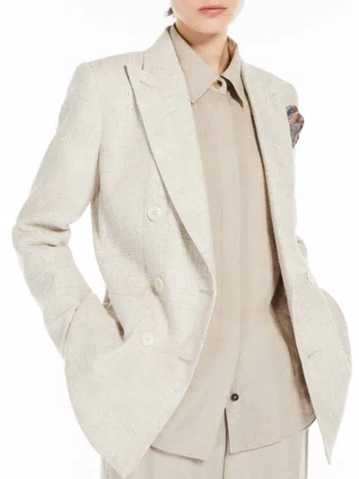 Max Mara Linen Blend Double-breasted Jacket With Chest Pocket In Neutral