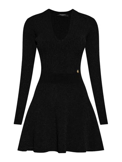 Balmain V-neck Ribbed Mini Dress In Black