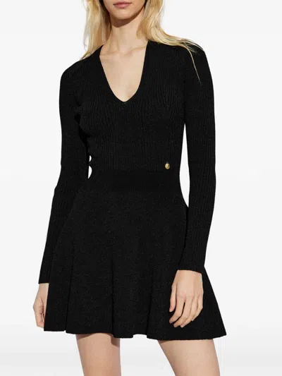 Balmain V-neck Ribbed Mini Dress In Black