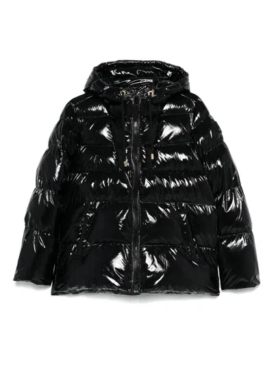 Pinko Oversized Black Puffy Coat With Glossy Finish And Hood In Black