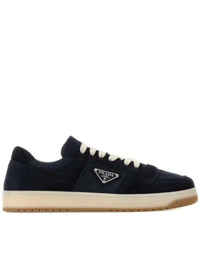 Prada Downtown Eyelets-detail Suede Sneakers In Blue