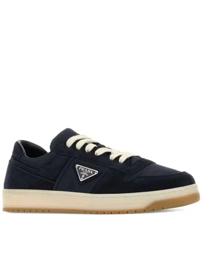 Prada Downtown Eyelets-detail Suede Sneakers In Blue