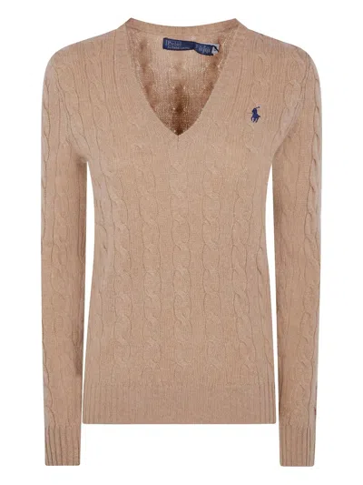 Polo Ralph Lauren Cable Knit Sweater With V-neckline In Neutral