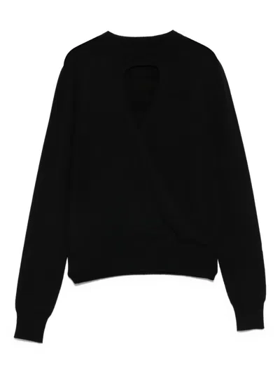 Twinset Twin-set Keyhole Neckline Black Sweater With Ribbed Cuffs In Black