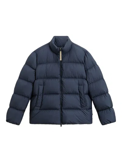 Woolrich Puffy Silhouette Coat With High Collar And Side Pockets In Blue
