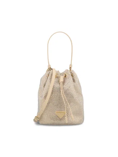 Prada Crystal-embellished Drawstring Bucket Bag In Nude