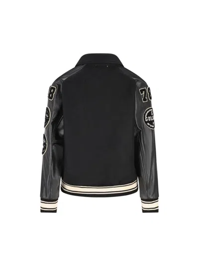 Golden Goose Black Bomber Jacket With Leather Inserts And Logo Patch In Wool Man In Black
