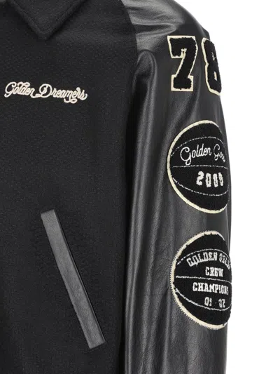 Golden Goose Black Bomber Jacket With Leather Inserts And Logo Patch In Wool Man In Black