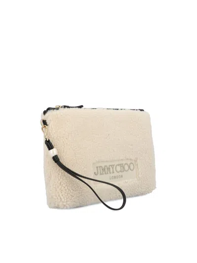 Jimmy Choo Embroidered Leather-trimmed Shearling Clutch In Neutral