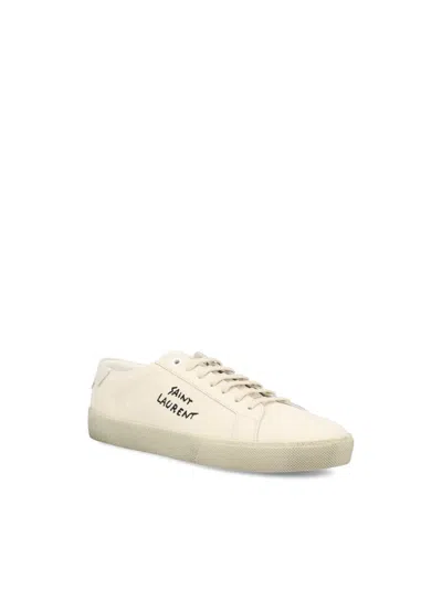 Saint Laurent Court Classic Distressed Logo-embroidered Canvas And Leather Sneakers In Neutral