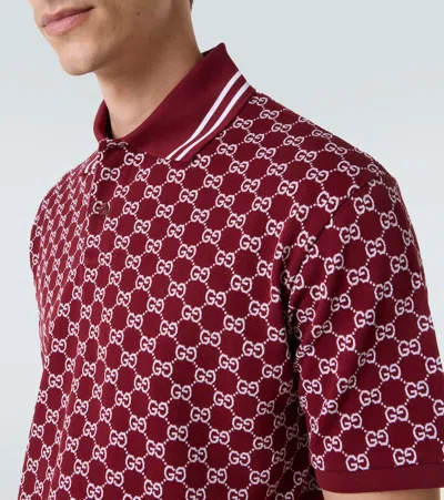 Gucci Men Red Polo Shirt With Striped Classic Collar In Gg Jacquard Cotton Man In Burgundy