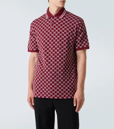 Gucci Men Red Polo Shirt With Striped Classic Collar In Gg Jacquard Cotton Man In Burgundy