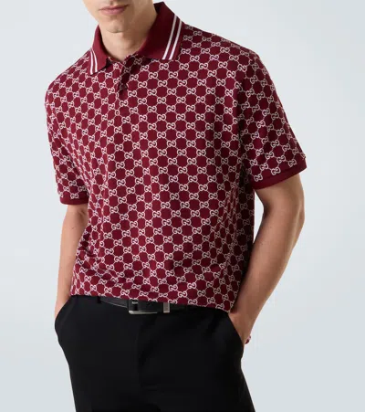 Gucci Men Red Polo Shirt With Striped Classic Collar In Gg Jacquard Cotton Man In Burgundy
