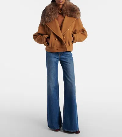 Chloé Virgin Wool Blend Jacket With Fur Collar In Gold